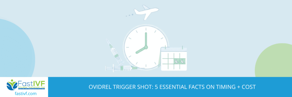 Ovidrel trigger shot pre-filled syringe with clock showing 36-hour timing before egg retrieval