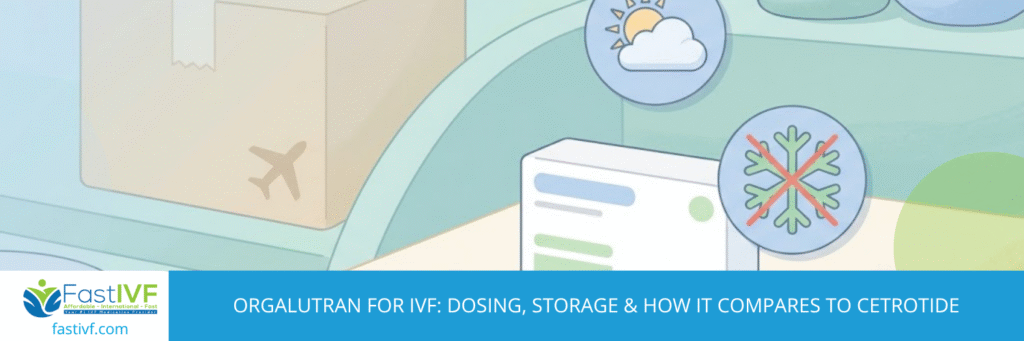 Orgalutran for IVF: prefilled ganirelix syringe beside a stimulation calendar and a room temperature icon